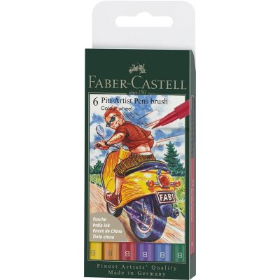 Faber-Castell Pitt Artist Pen Brush India Ink Pen, Wallet Of 6, Col. Wheel