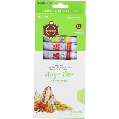 طقم الوان اكريلك انابيب 12لون 12مللى + فرشة علبة كرتون Keep Smiling رقم 7112A