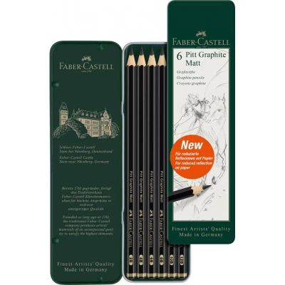Faber-Castell Pitt Graphite Matte Pencil Set, Metal Tin Of 6 Graphite Pencils, Sketching And Drawing Pencil Set (B, 4B, 6B, 8B, 10B, 12B)