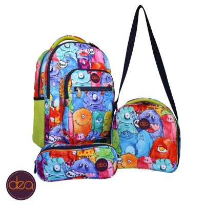 طقم شنطة مدرسية ظهرdea-trioمقاس18مطبوع 4جيب +مقلمة+لانش باج مقاس 24*30*44سم
