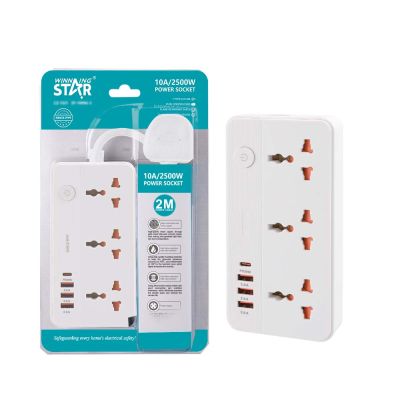 مشترك بالسلك 3عين ثلاثية 2متر 10امبير 2500وات + 3 USB للشحن + Winning Star 1 Type C رقم ST-1099U-3