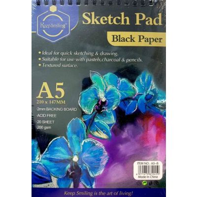 اسكتش رسم كعب سلك غلاف ورق سوفت كفر 14.7*21سم 20ورقة 200جم Keep Smiling Black Paper رقم A5-B