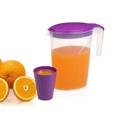 دورق بلاستيك شفاف بالغطاء+4كوب بلاستيك الوان مقاس